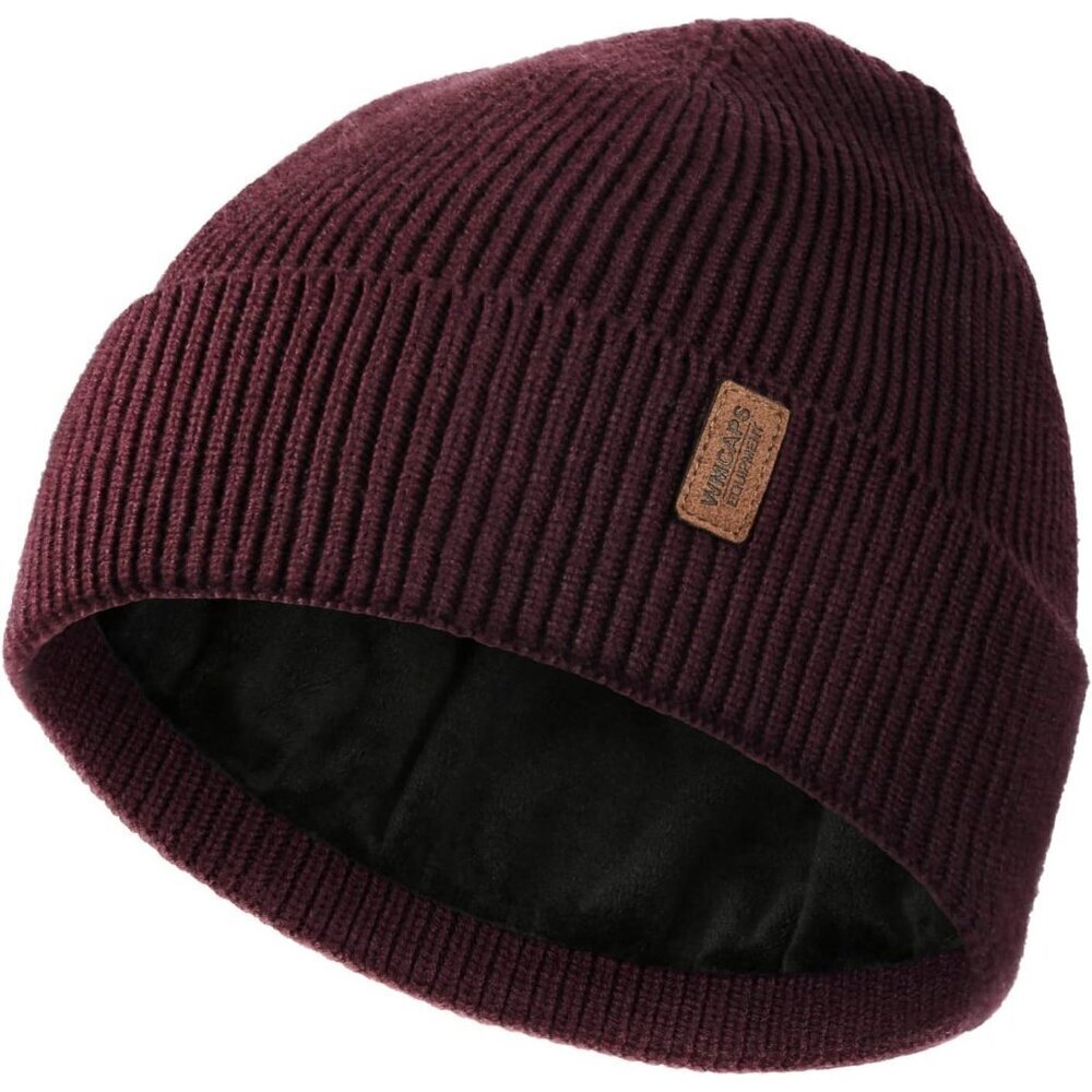 Men's Maroon Fleece Lined Beanie Soft Winter Warm Ski Stocking Knit Hat